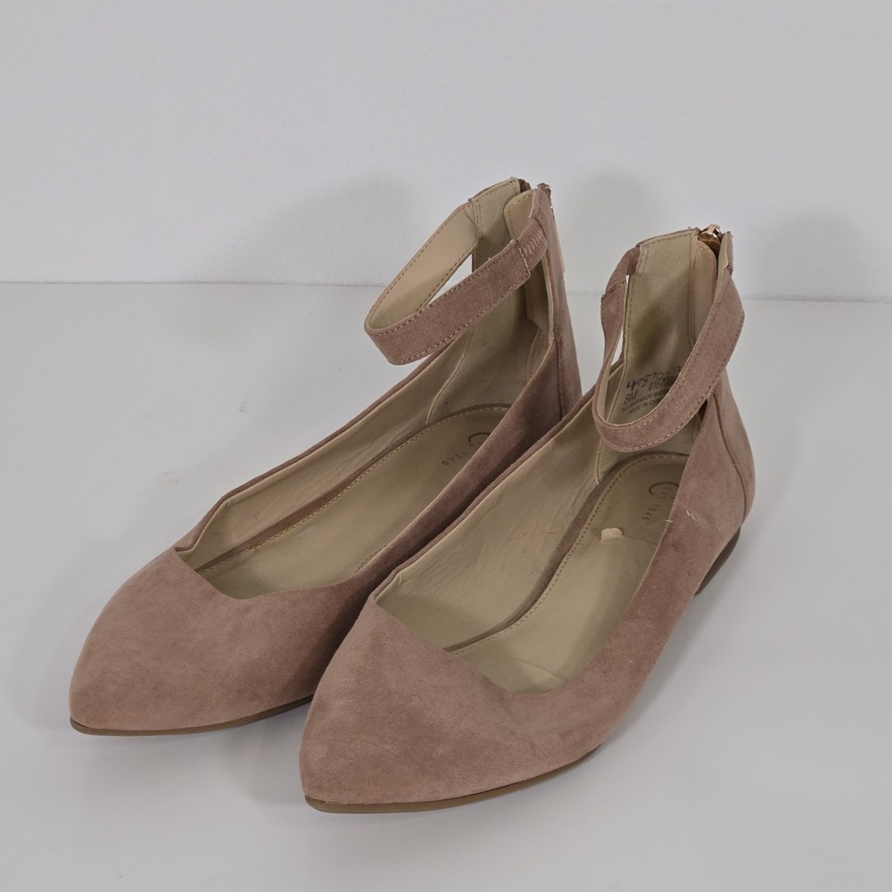 C‎ EST 1946 Pink Faux Suede Ankle Strap Flats With Back Zip Heel Shoes Size 8M